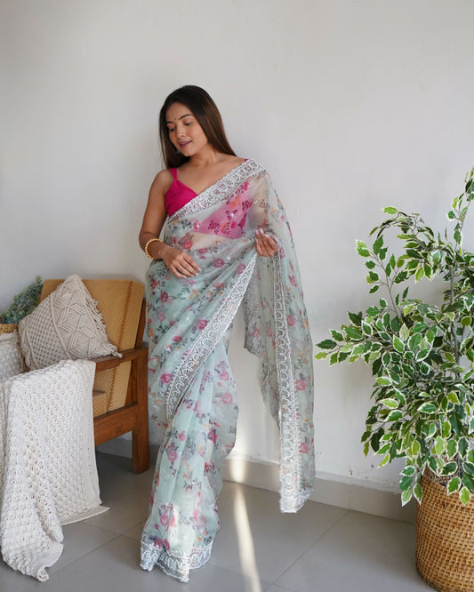 Vamsee Ferry Green Organza Saree - Swadesiicart