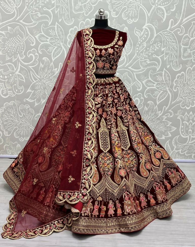 Jyoti Fashion Women's Maroon Velvet Multi Thread Embroidered with Zircon Diamond Work Wedding Lehenga Choli | Swadesiicart