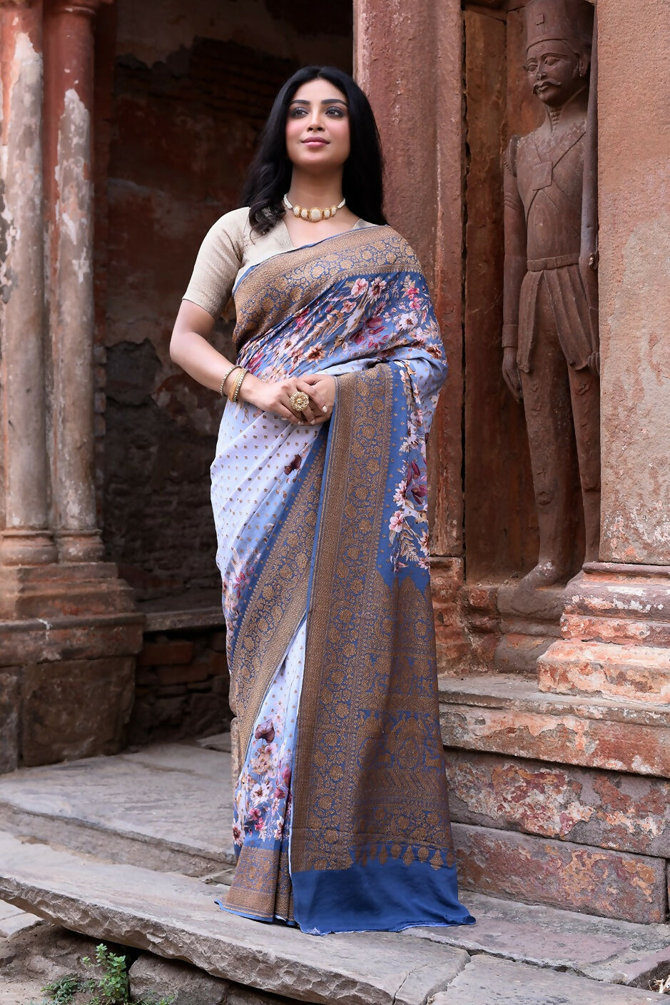 Joban Fashion Dusty Blue Crepe Chiffon Pure Handloom Banarasi Silk Saree | Swadesiicart