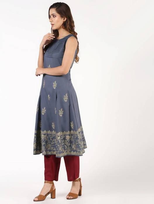 Aniyah Rayon Block Print Flared Grey Kurta (AN-150K) - Swadesiicart
