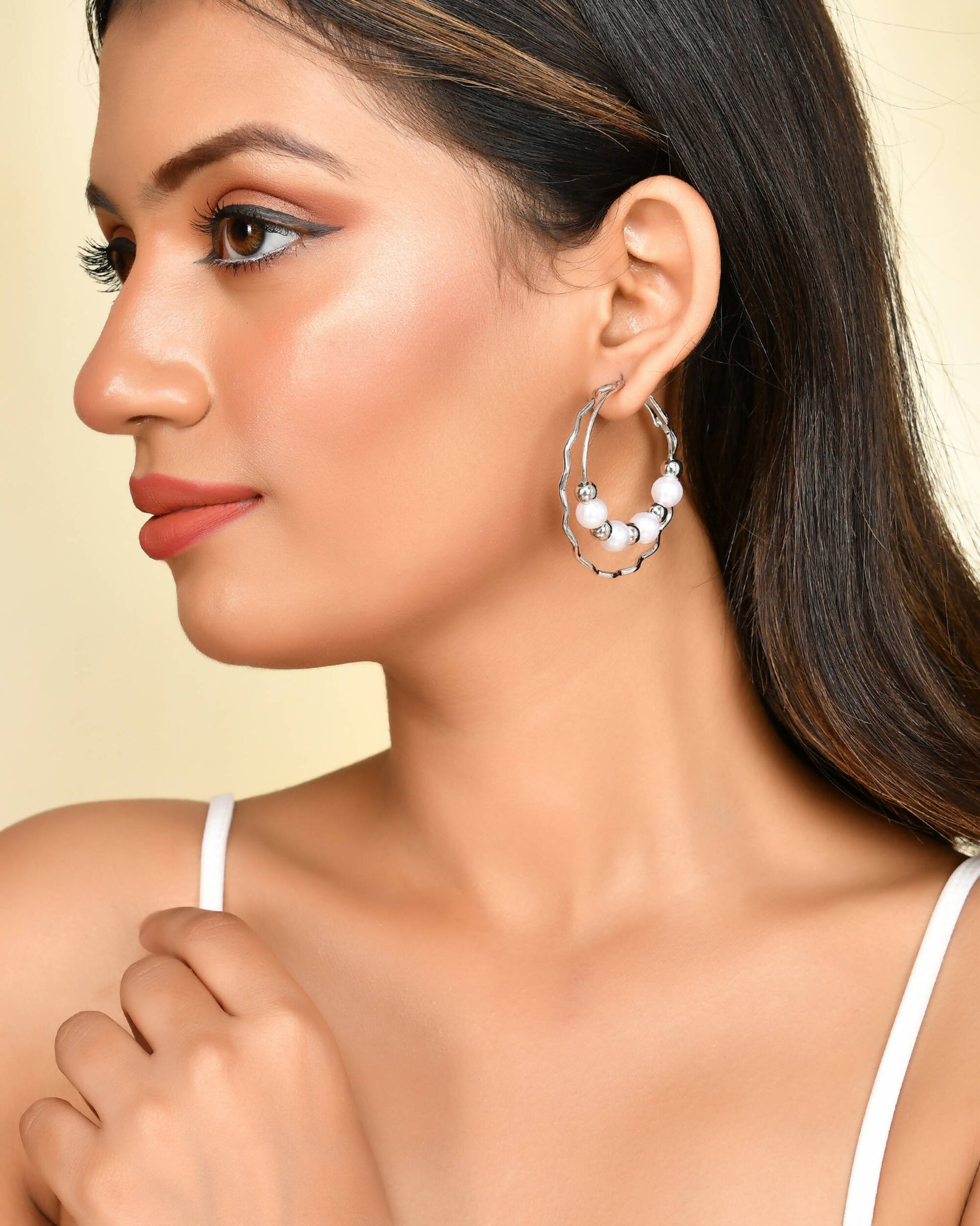 VOJ Women Sliver-Plated Pearl Stainless Steel Hoop Earrings - Swadesiicart