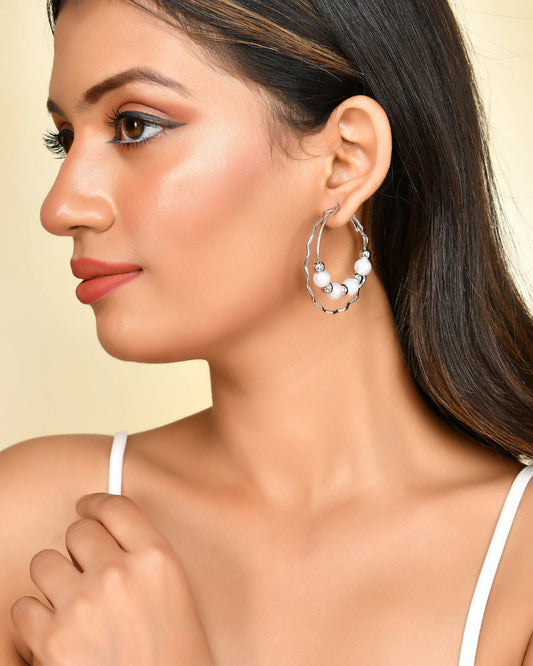 VOJ Women Sliver-Plated Pearl Stainless Steel Hoop Earrings - Swadesiicart