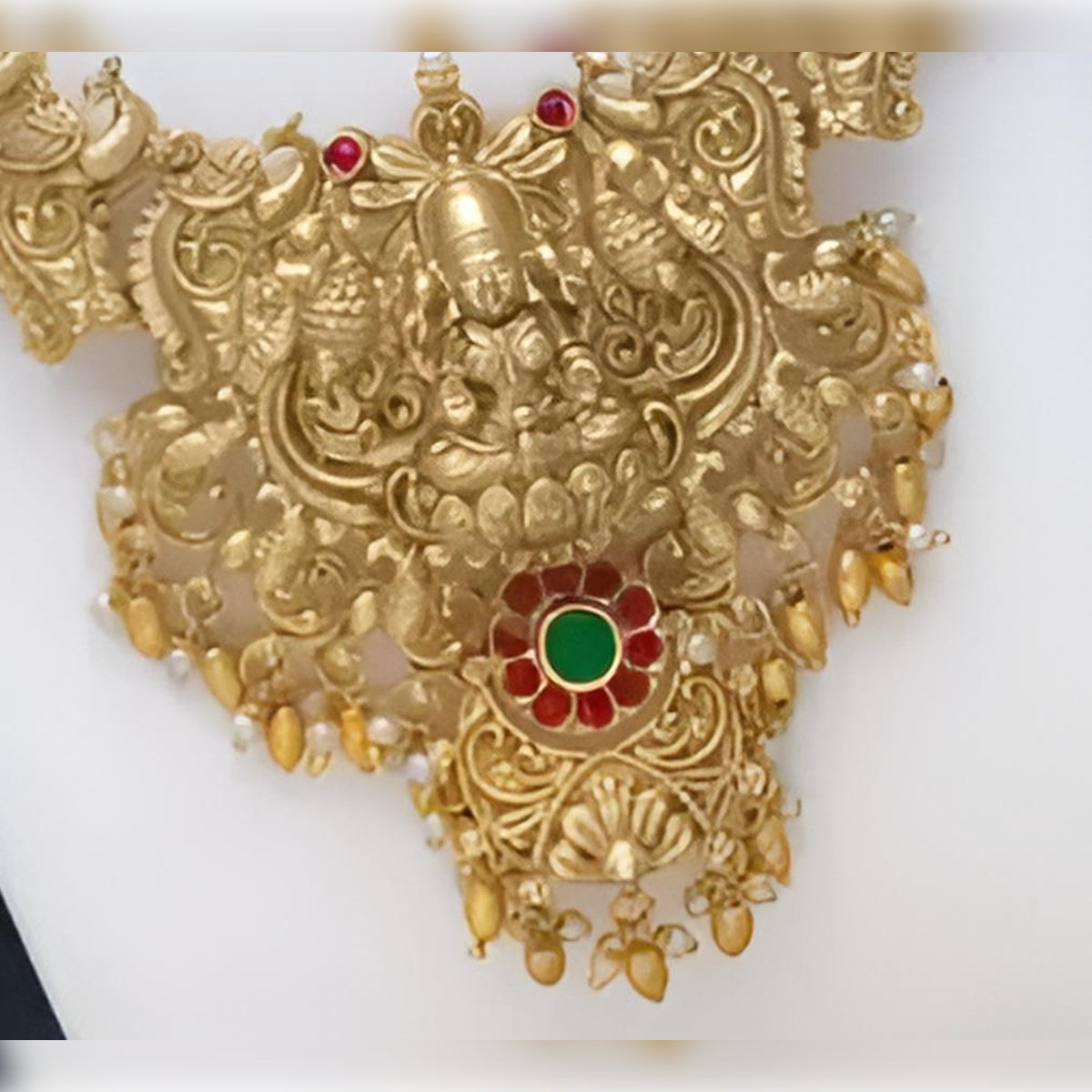 Jewel City Traditional Temple Design Gold Necklace Set with Red and Green Stone Accents - Bridal Jewelry | Swadesiicart