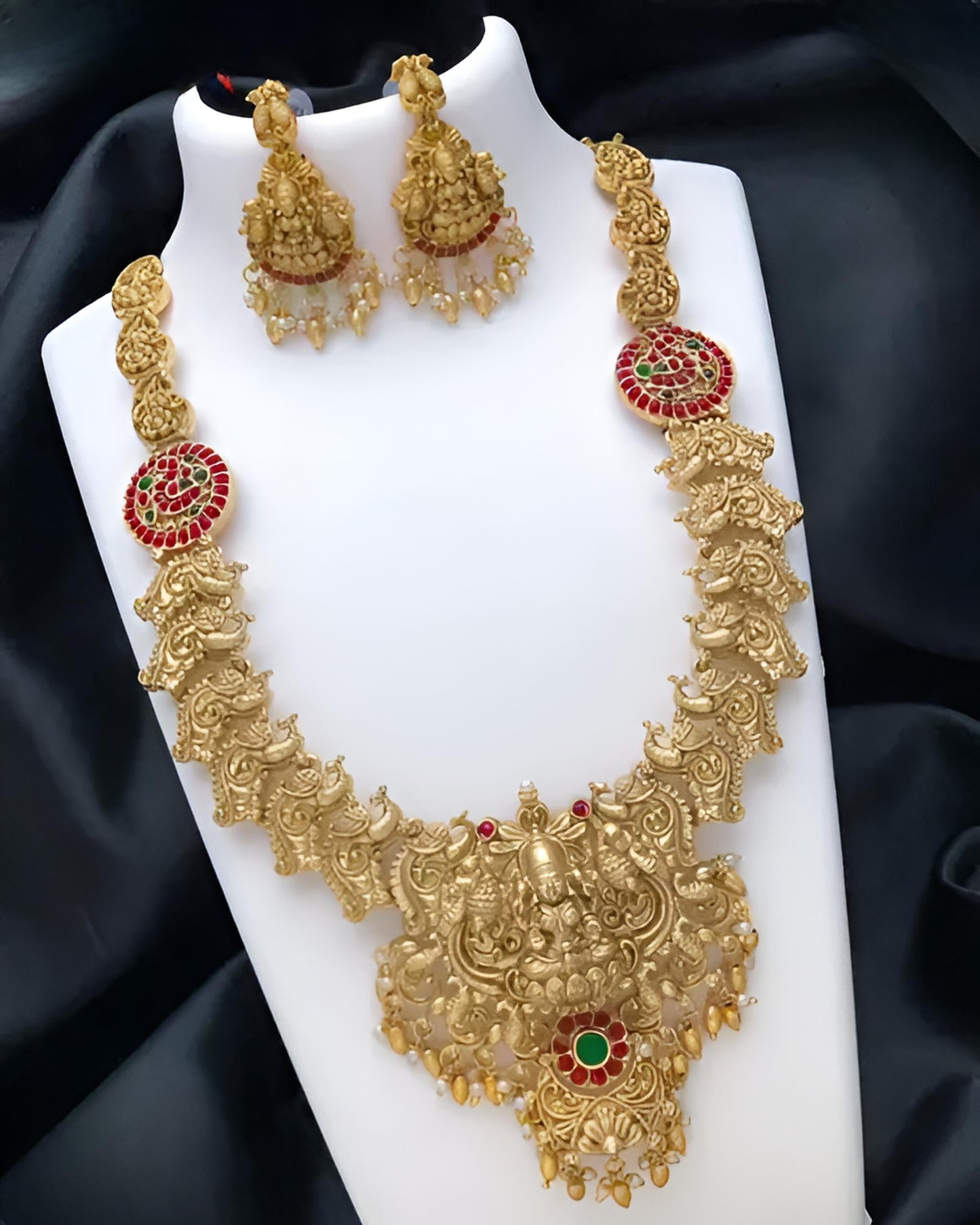 Jewel City Traditional Temple Design Gold Necklace Set with Red and Green Stone Accents - Bridal Jewelry | Swadesiicart