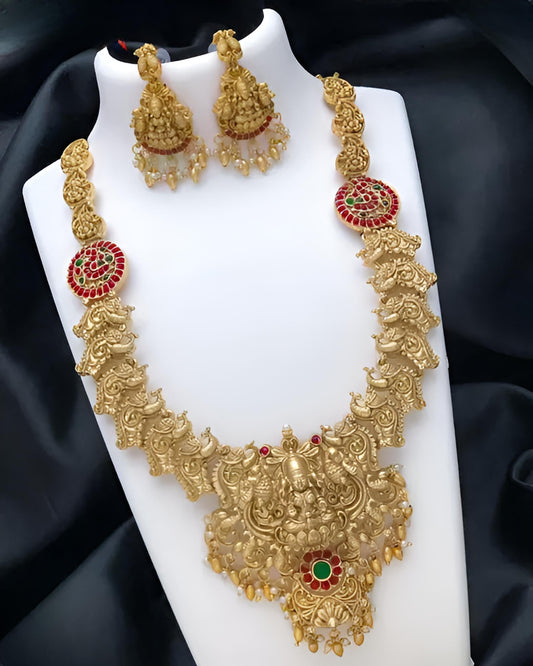 Jewel City Traditional Temple Design Gold Necklace Set with Red and Green Stone Accents - Bridal Jewelry | Swadesiicart
