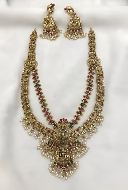 Jewel City Exquisite Gold-Plated Bridal Necklace and Earrings Set with Ruby and Emerald Accents | Swadesiicart