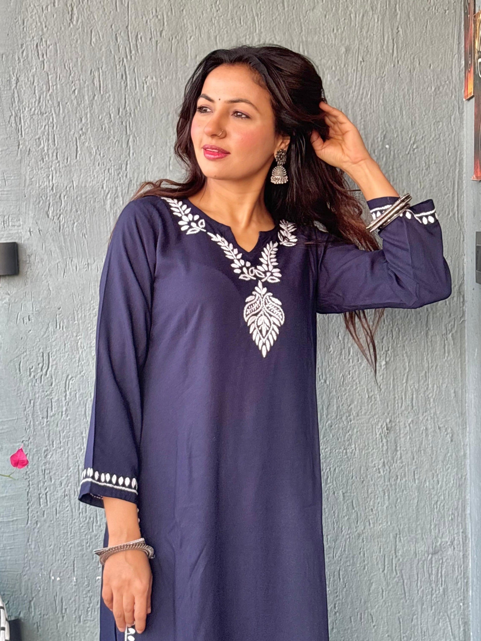 Gharana India Luxury Rayon Navy Blue Chikankari Kurta Set | Swadesiicart