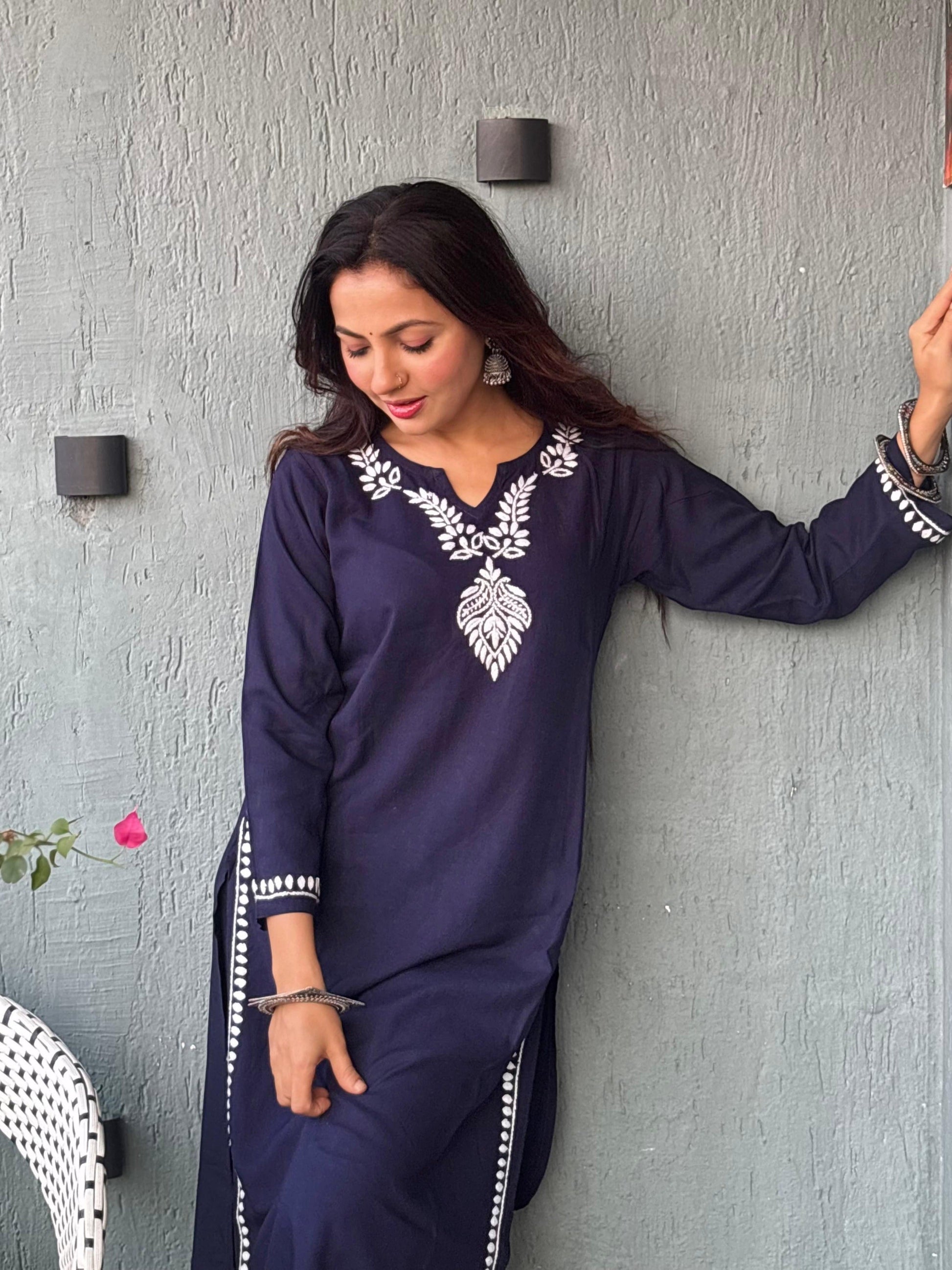Gharana India Luxury Rayon Navy Blue Chikankari Kurta Set | Swadesiicart