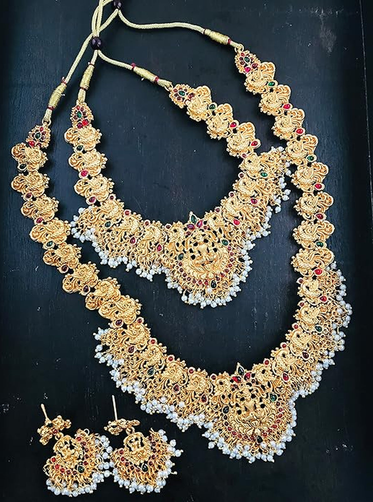 Jewel City Gold-Plated Traditional Goddess Lakshmi Temple Jewellery Bridal Set with Ruby Stone Long Haram Double Necklace Set | Swadesiicart