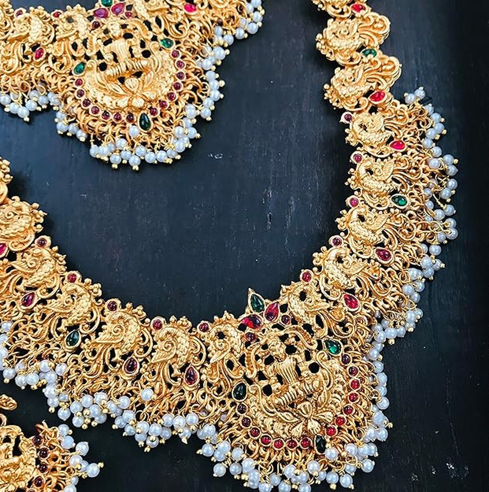 Jewel City Gold-Plated Traditional Goddess Lakshmi Temple Jewellery Bridal Set with Ruby Stone Long Haram Double Necklace Set | Swadesiicart