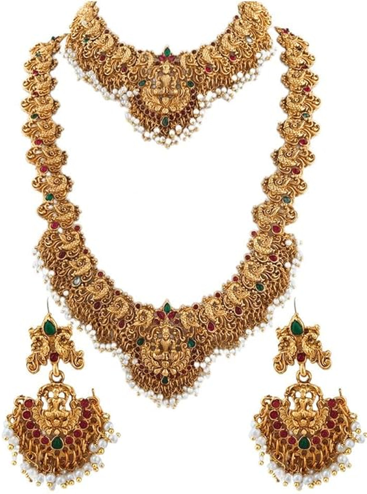 Jewel City Gold-Plated Traditional Goddess Lakshmi Temple Jewellery Bridal Set with Ruby Stone Long Haram Double Necklace Set | Swadesiicart