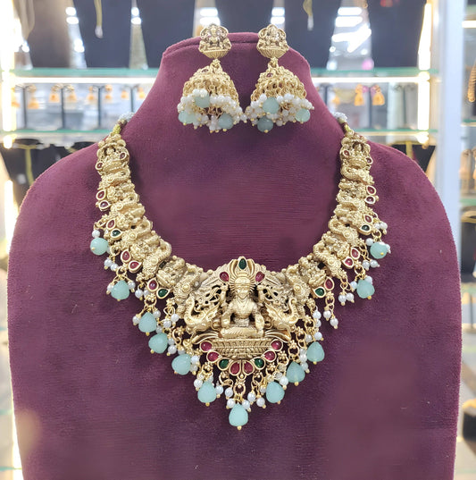 Jewel City Opulent Gold Peacock Lakshmi Temple Necklace Set - Handcrafted Antique Finish Bridal Jewelry with Emerald & Pearl Accent | Swadesiicart