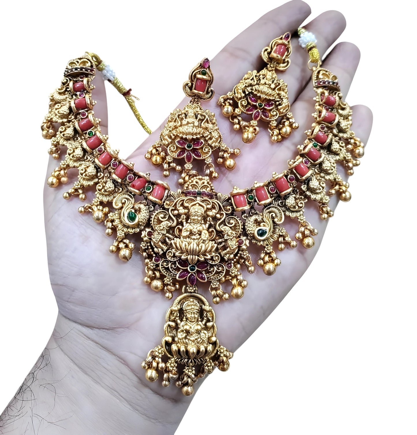 Jewel City Opulent Lotus Lakshmi Temple Necklace Set - Antique Gold Kundan Bridal Jewelry with Ruby and Emerald Accents | Swadesiicart