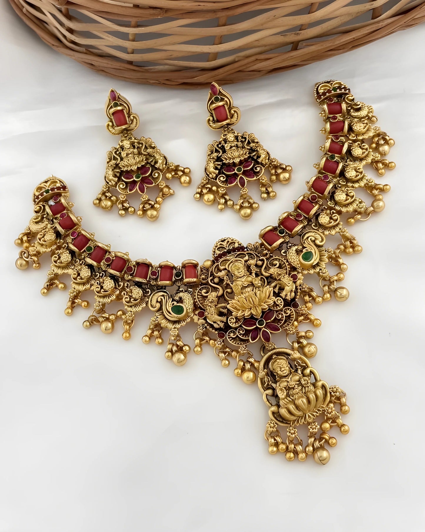 Jewel City Opulent Lotus Lakshmi Temple Necklace Set - Antique Gold Kundan Bridal Jewelry with Ruby and Emerald Accents | Swadesiicart