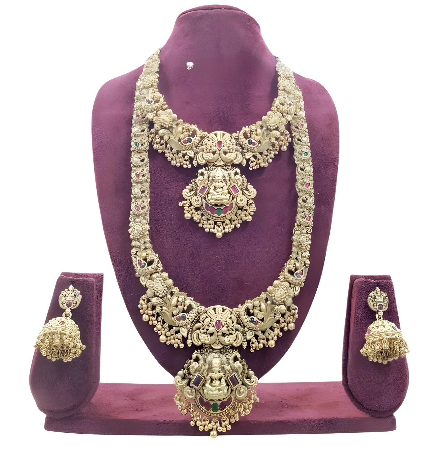 Jewel City Majestic Two-Tier Lakshmi Temple Necklace Set - Antique Gold Bridal Jewelry with Multi-Stone Accents | Swadesiicart