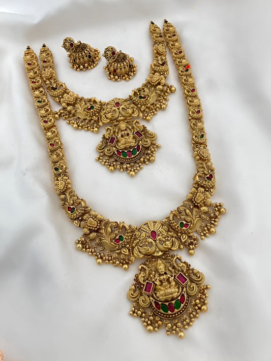 Jewel City Majestic Two-Tier Lakshmi Temple Necklace Set - Antique Gold Bridal Jewelry with Multi-Stone Accents | Swadesiicart