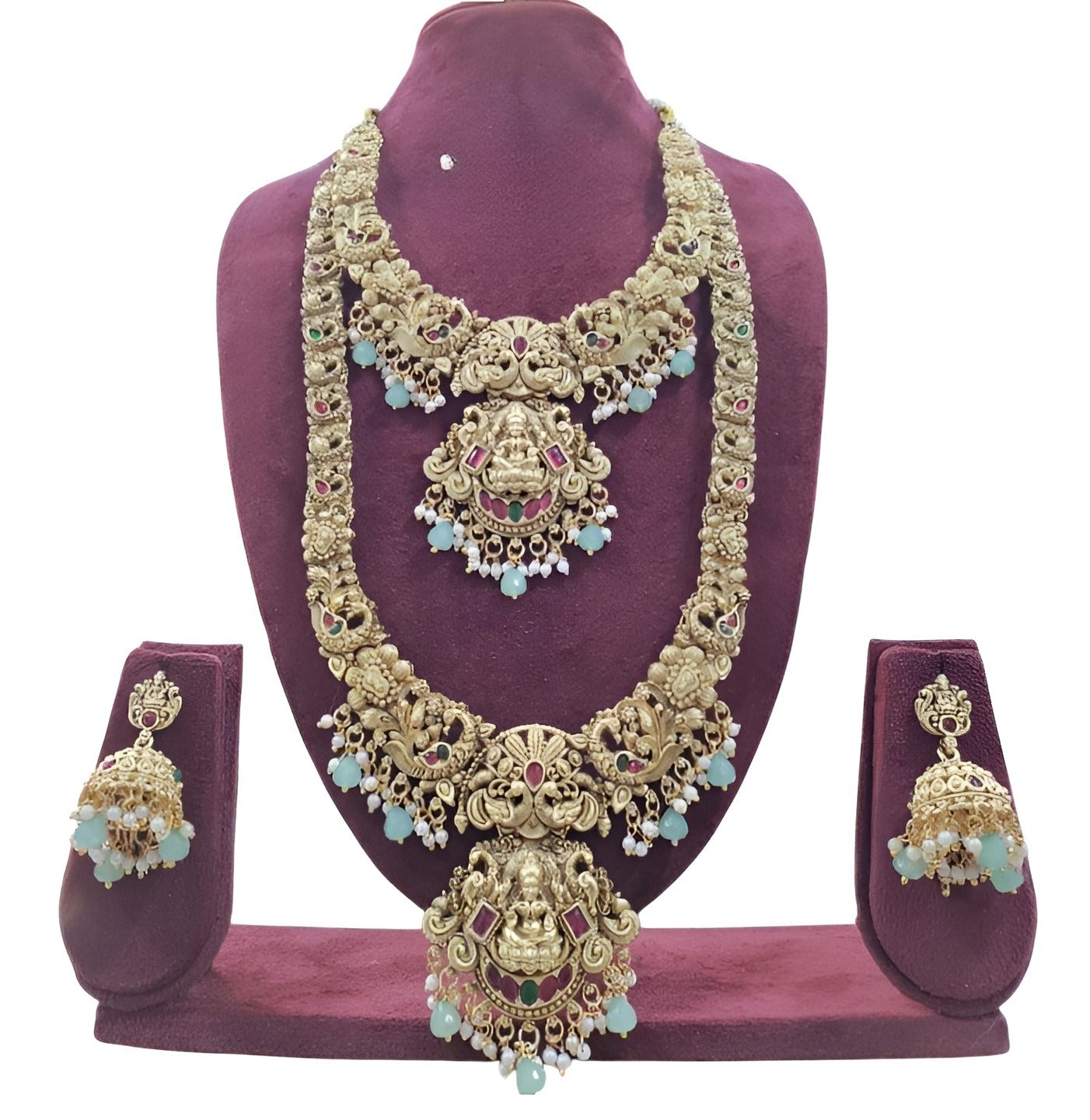 Jewel City Elegant Antique Gold Temple Jewelry Necklace Set - Carved Lakshmi Design Perfect for Wedding & Festive Occasions | Swadesiicart