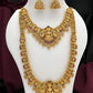 Jewel City Premium Goddess Lakshmi Temple Jewelry Long Necklace Set- Antique Gold Bridal Haaram with Multi-Colored Gemstone Accents | Swadesiicart