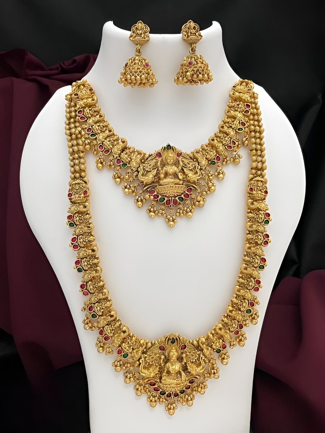 Jewel City Premium Goddess Lakshmi Temple Jewelry Long Necklace Set- Antique Gold Bridal Haaram with Multi-Colored Gemstone Accents | Swadesiicart