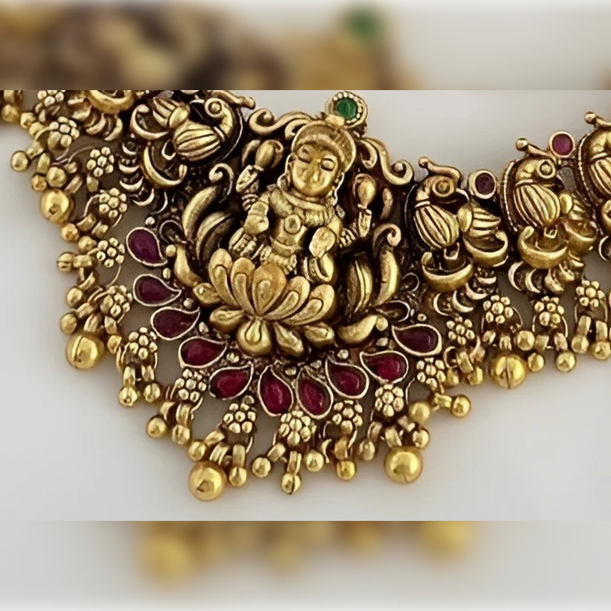 Jewel City Antique Gold Lakshmi Temple Choker Set - Traditional South Indian Necklace with Matching Jhumkas (Kemp Ruby Stone Collection) | Swadesiicart