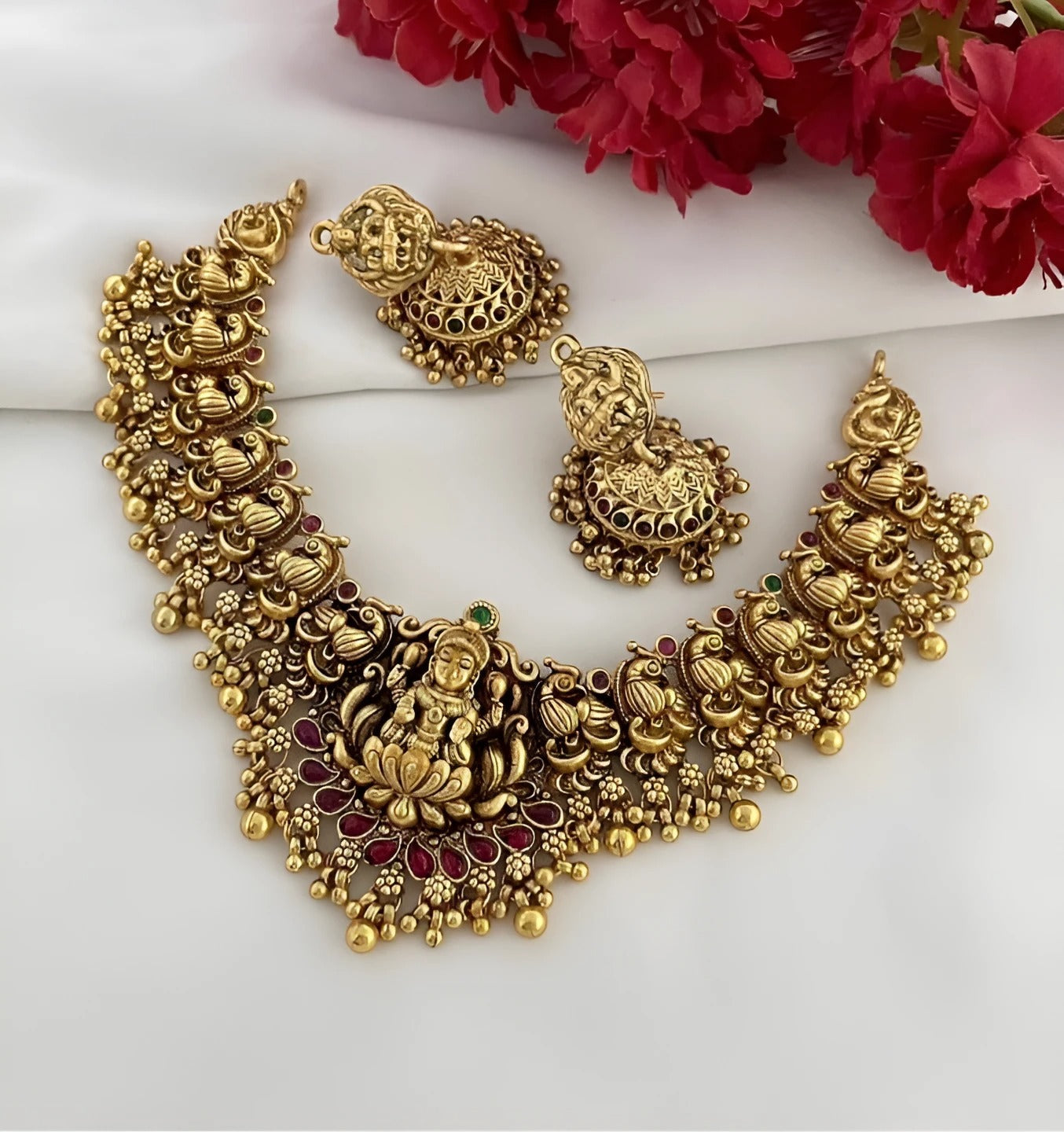 Jewel City Antique Gold Lakshmi Temple Choker Set - Traditional South Indian Necklace with Matching Jhumkas (Kemp Ruby Stone Collection) | Swadesiicart