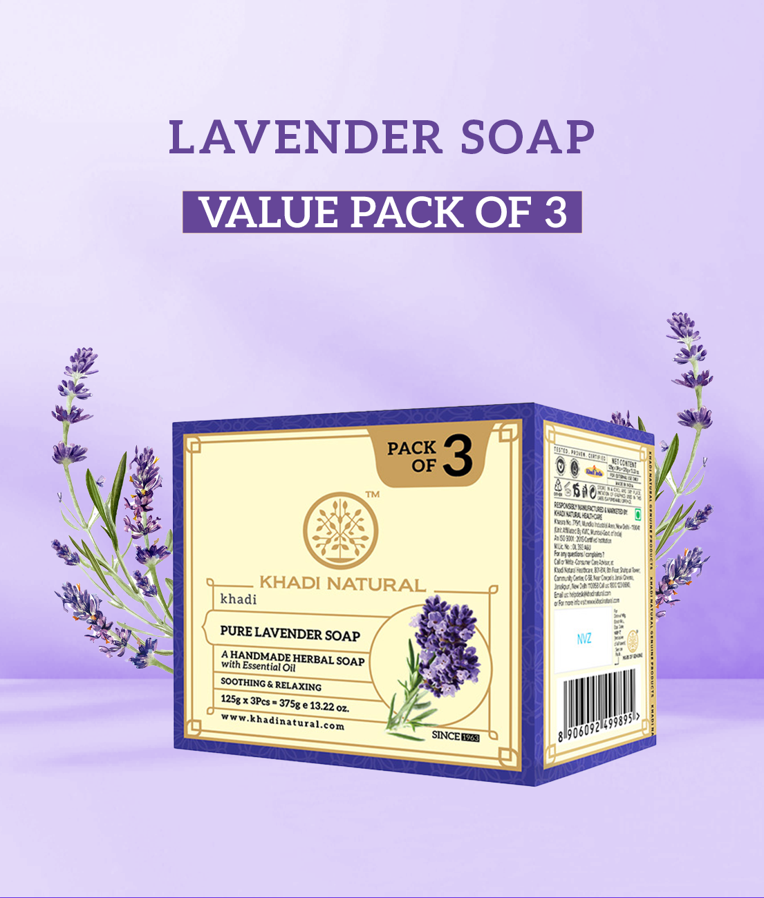 Khadi Natural Herbal Pure Lavender Soap Combo Pack Of 3 – 125gm Each