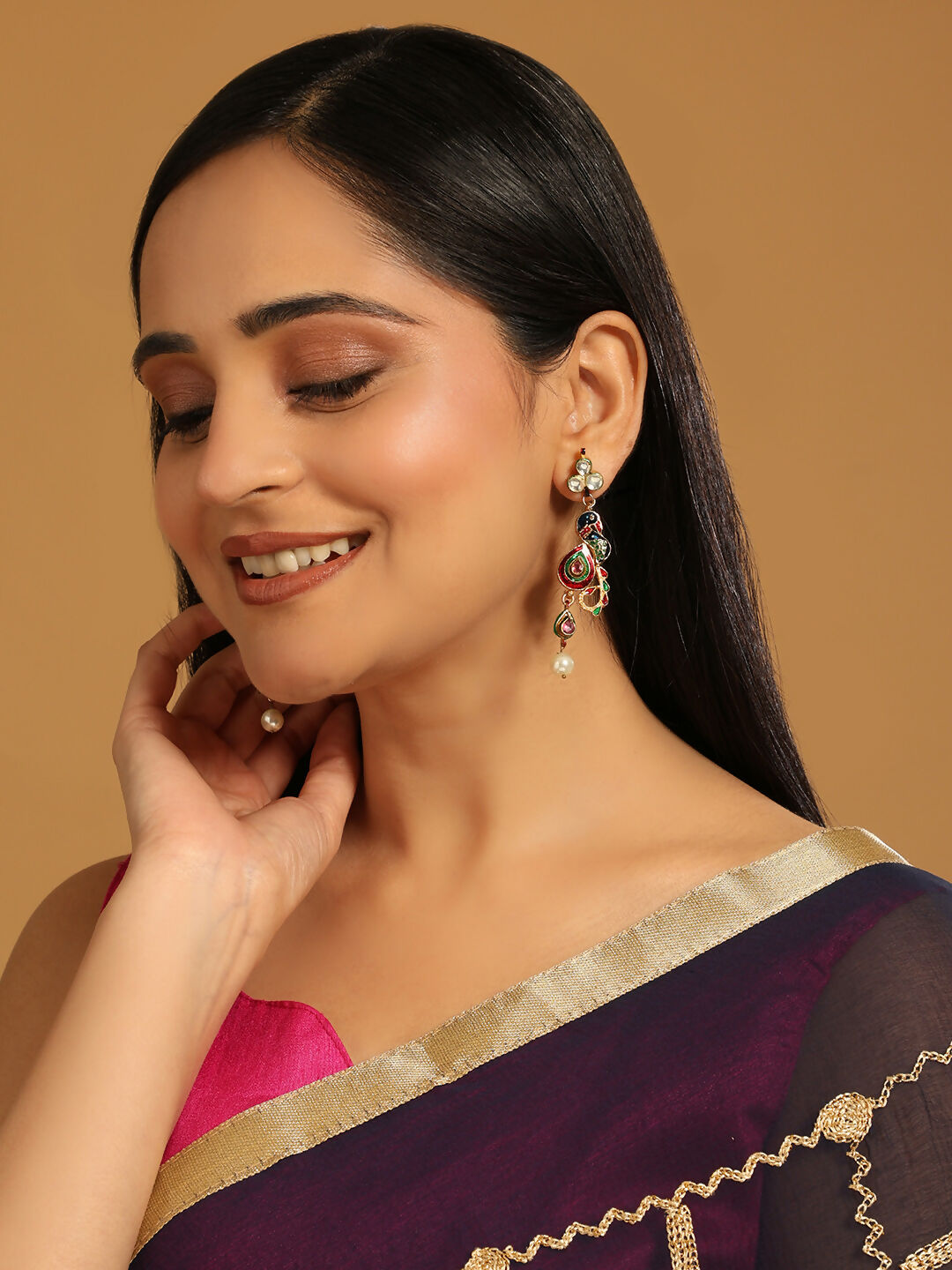 Nuyug 22K Gold Plated Pearl Drop Kundan Studded Ethnic Peacock Shaped Drop Earrings | Swadesiicart