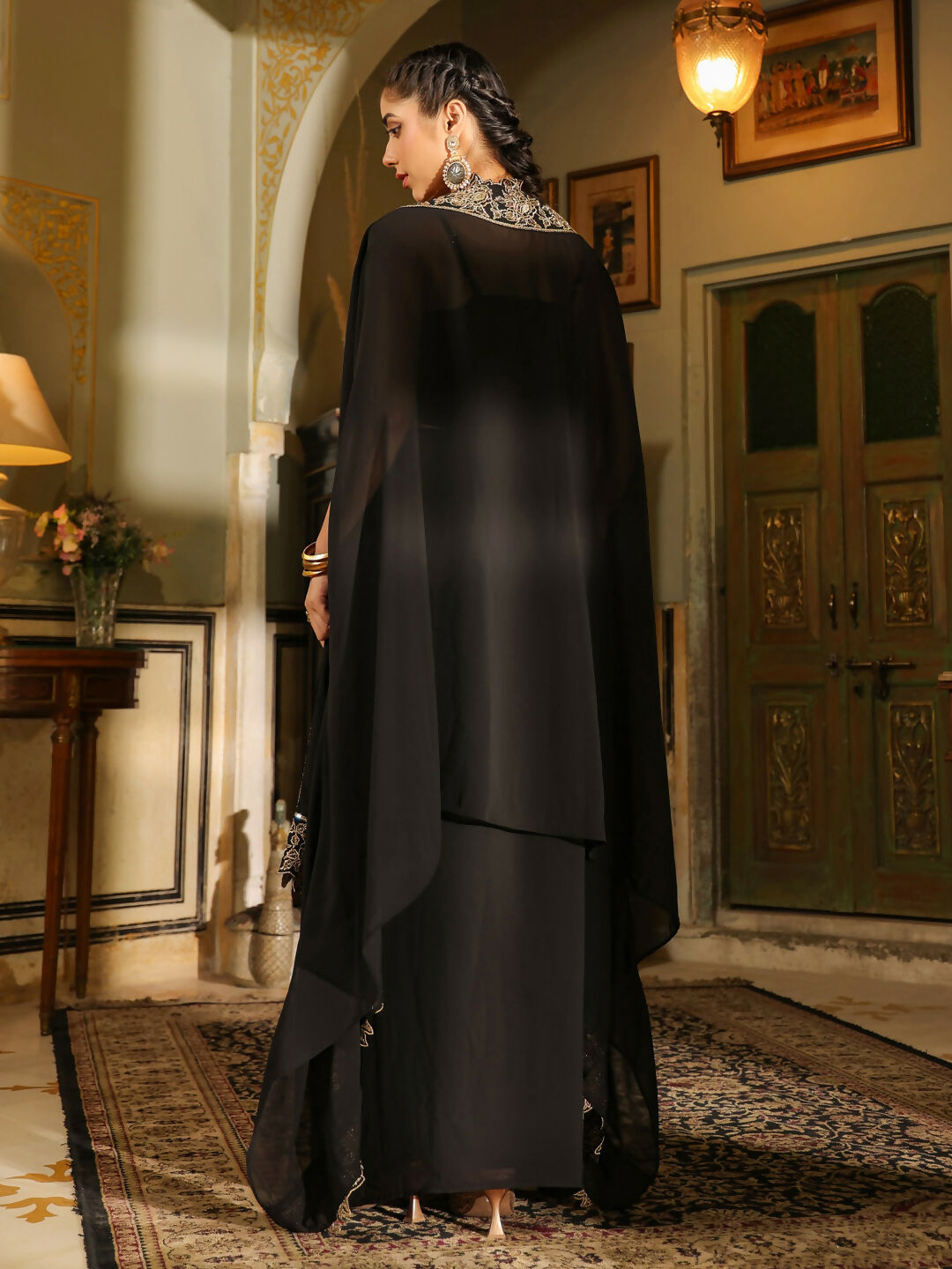 Janasya Black Georgette Solid Top Bottom Cape | Swadesiicart
