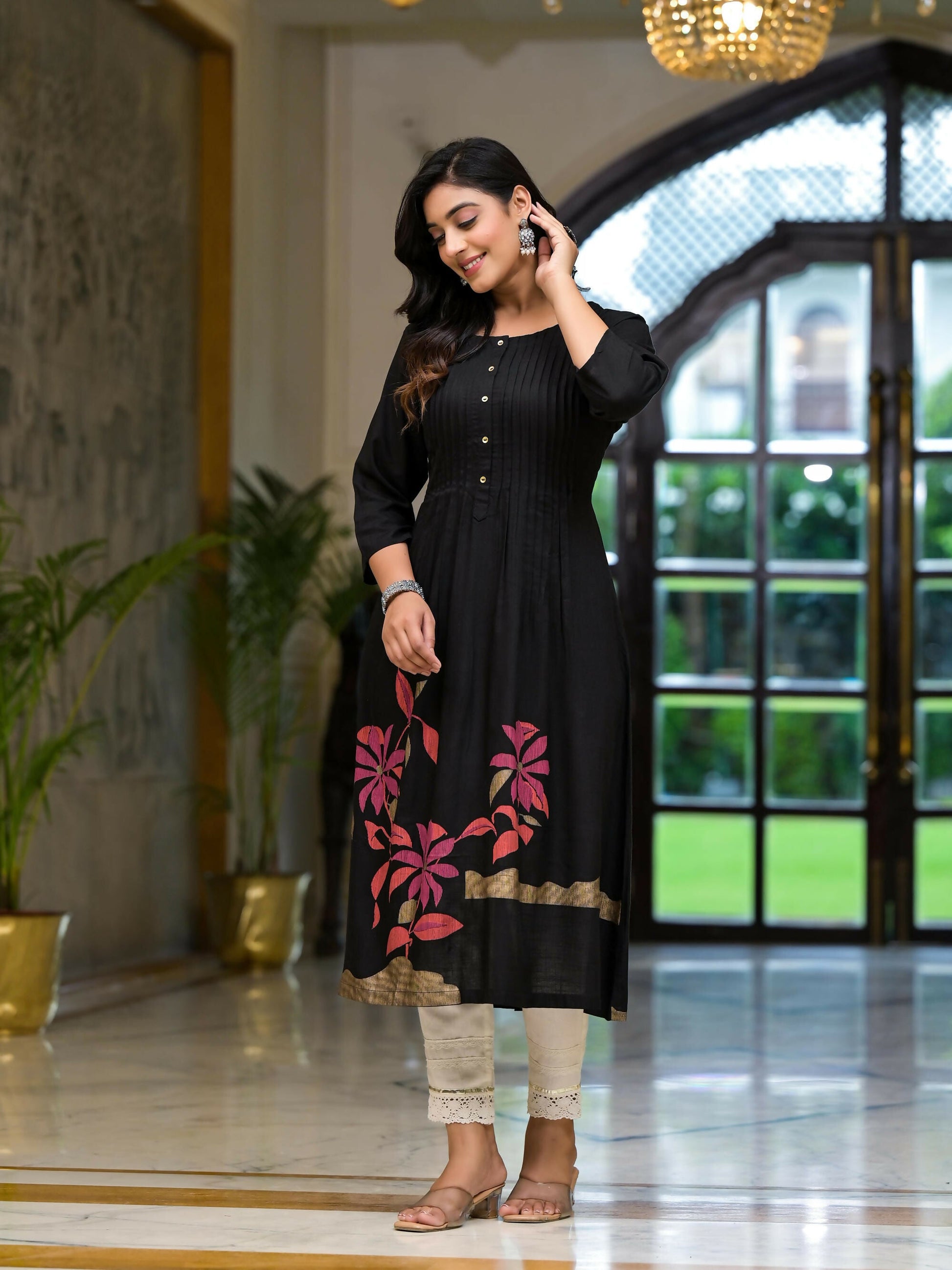 Juniper Women's Black Floral Printed Rayon Kurta With Button Closure - Swadesiicart