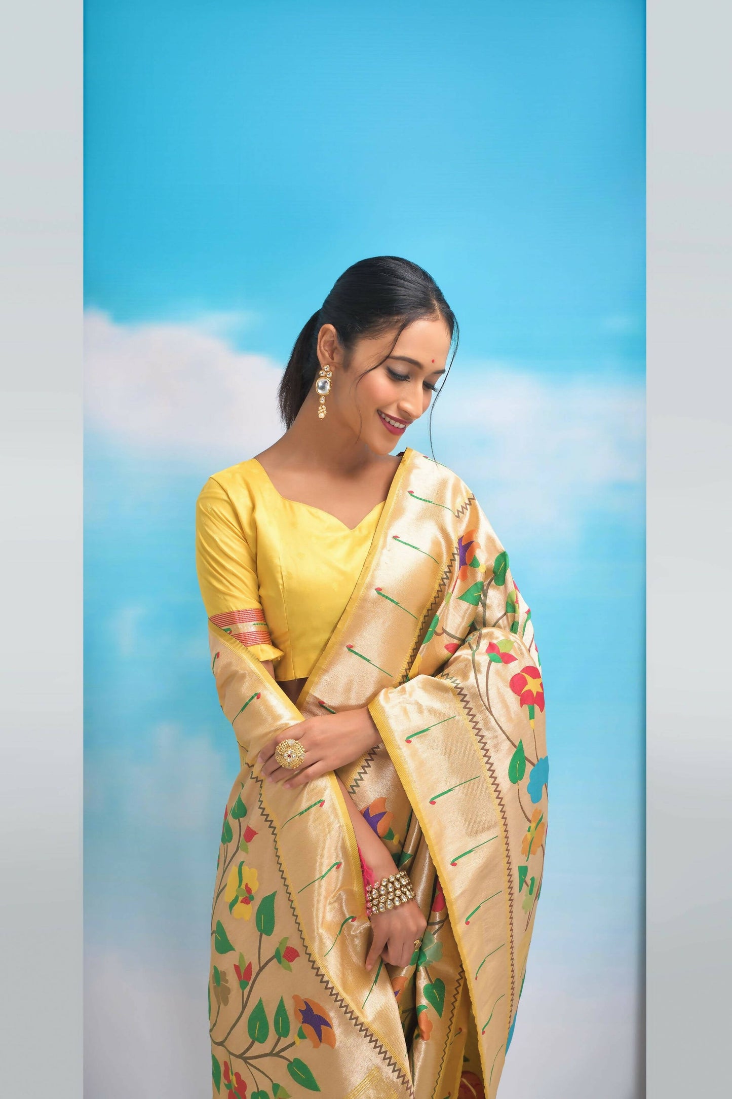 Vishnu Weaves Women's Yellow Paithani Silk Minakari Zari Woven Saree with Unstitched Blouse - Swadesiicart