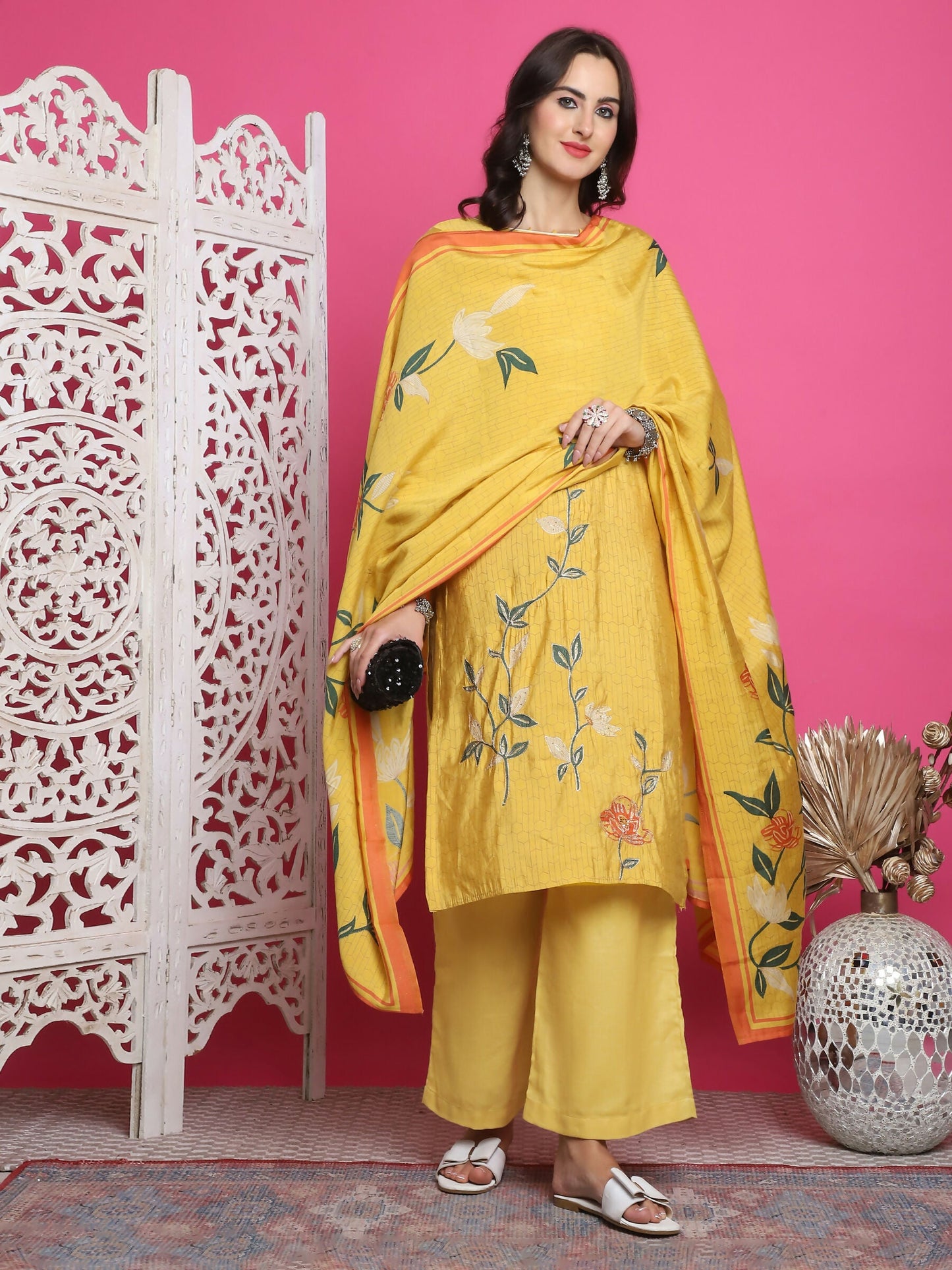 Jyoti Fashion Women's Yellow Muslin Floral Print with Jari & Crystal work Kurta with Trouser & Dupatta | Swadesiicart