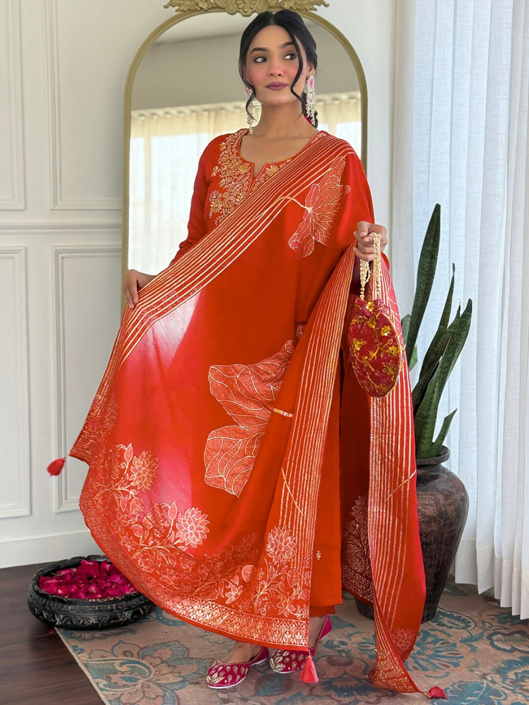 The52 Rust Women's Gorgeous Roman Silk Fabric Straight Kurta, Pant and Dupatta Set - Swadesiicart