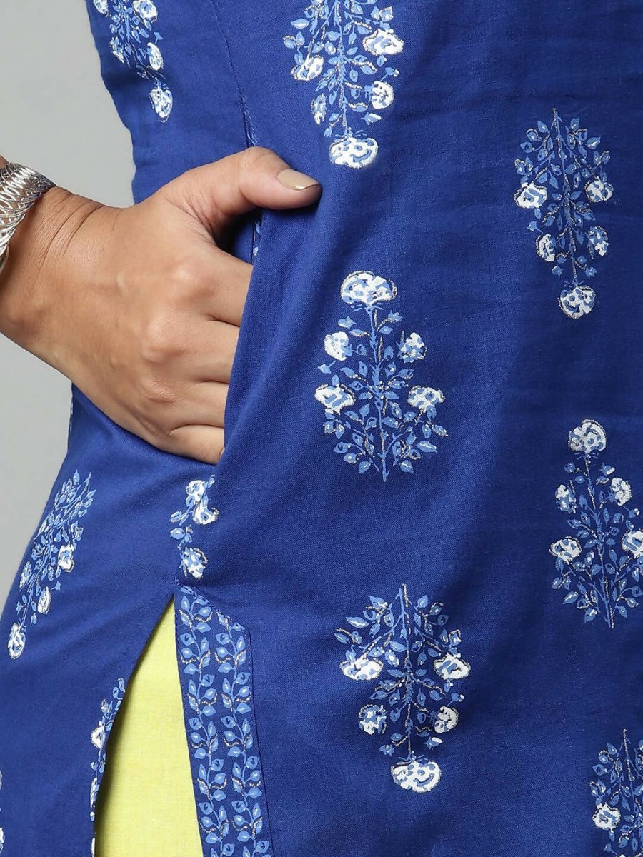 Ahalyaa Womens Royal Blue Pure Cotton Printed Tunic Sharara Set | Swadesiicart