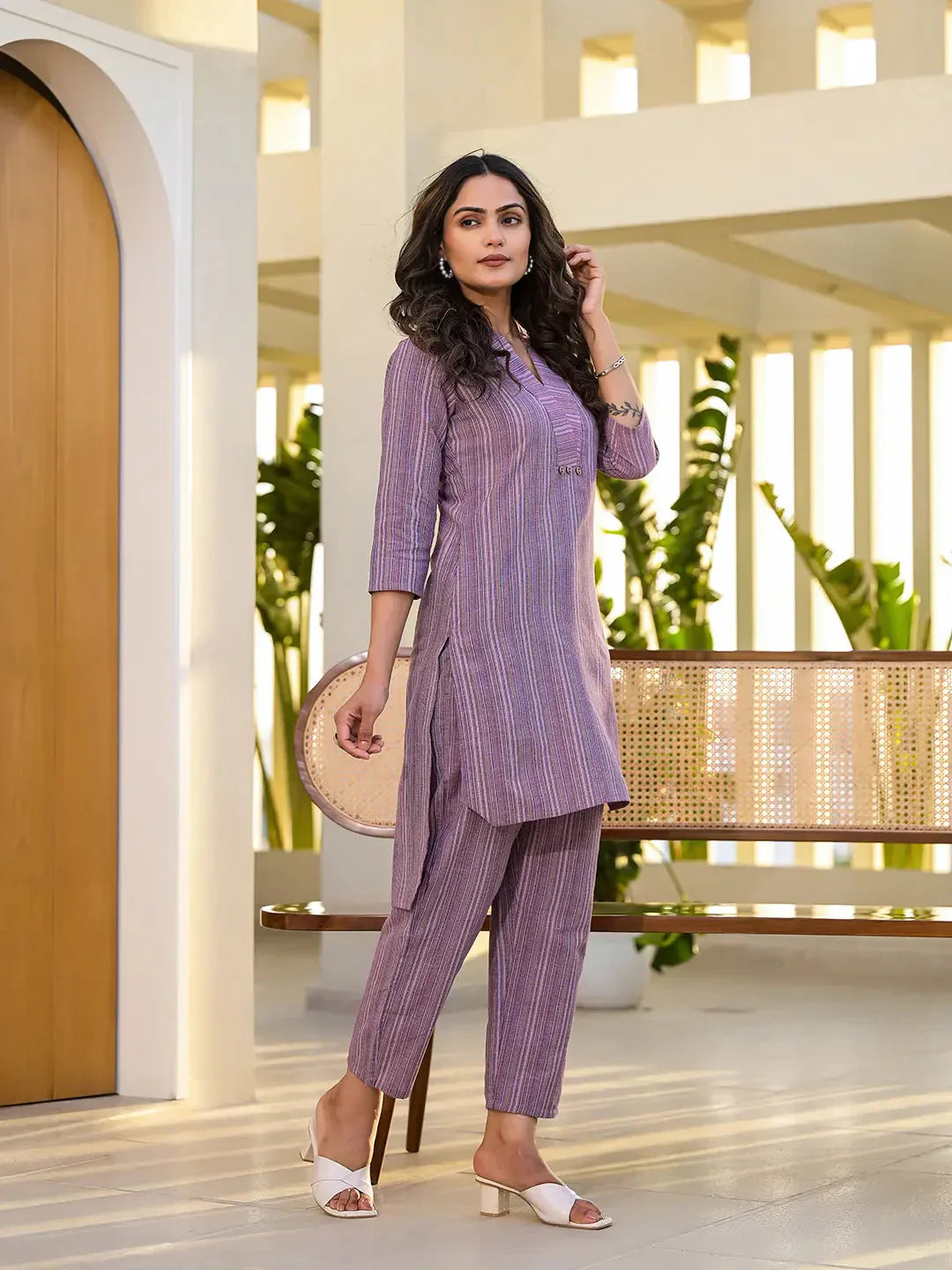 Yufta Purple Cotton Striped Print Co-Ord Set - Swadesiicart