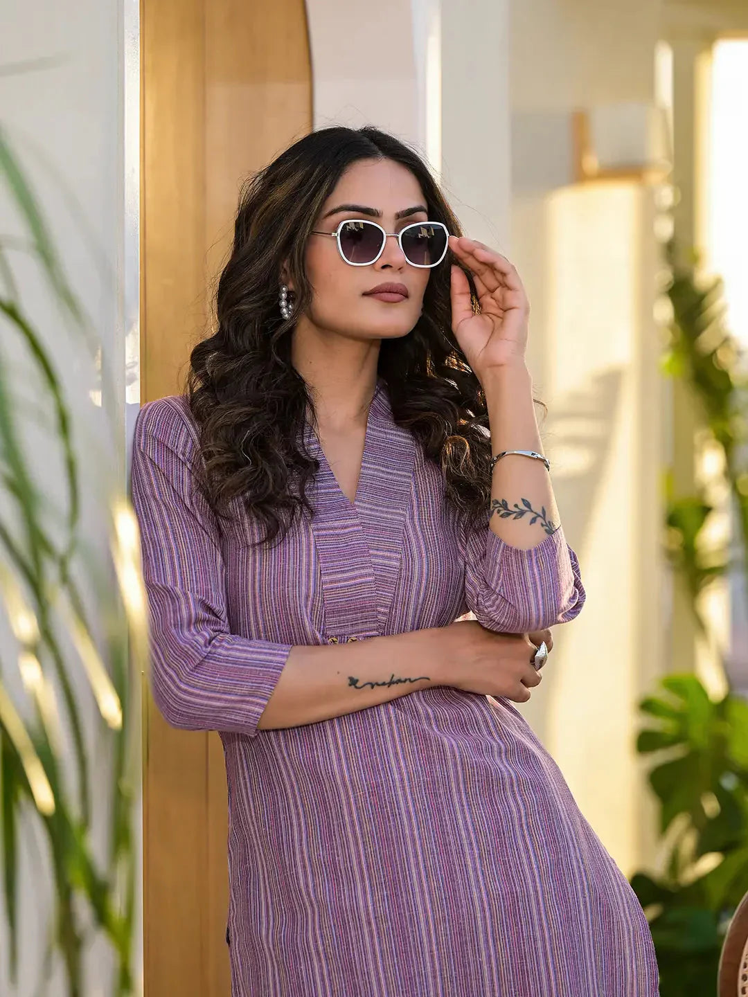 Yufta Purple Cotton Striped Print Co-Ord Set - Swadesiicart