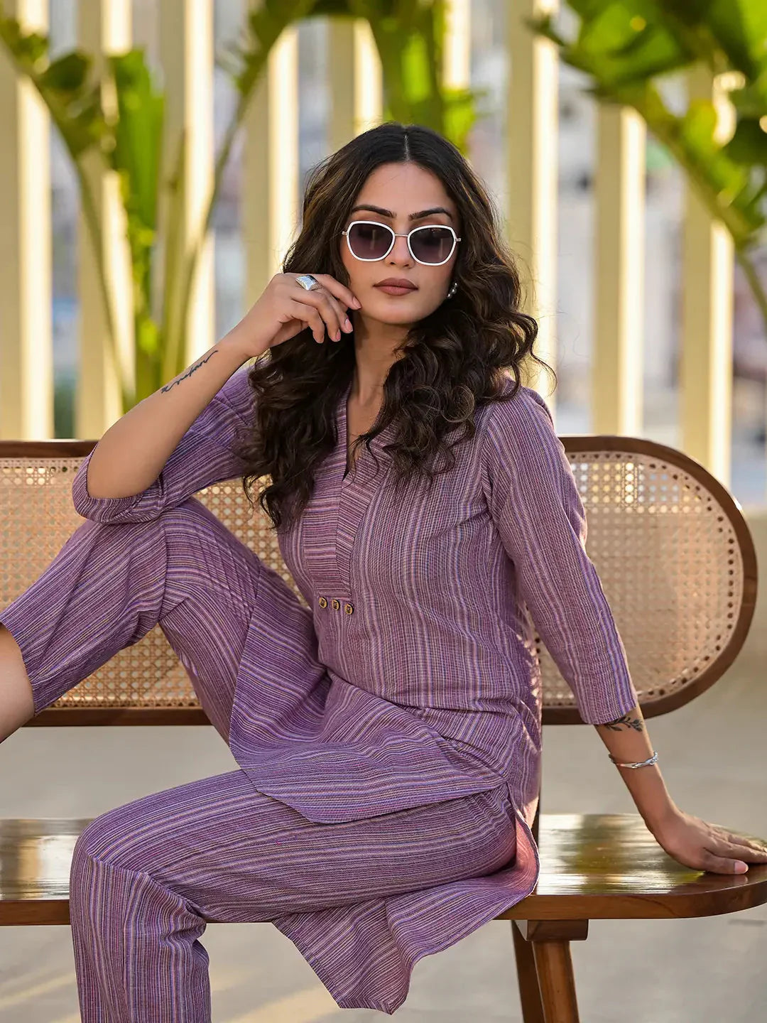 Yufta Purple Cotton Striped Print Co-Ord Set - Swadesiicart