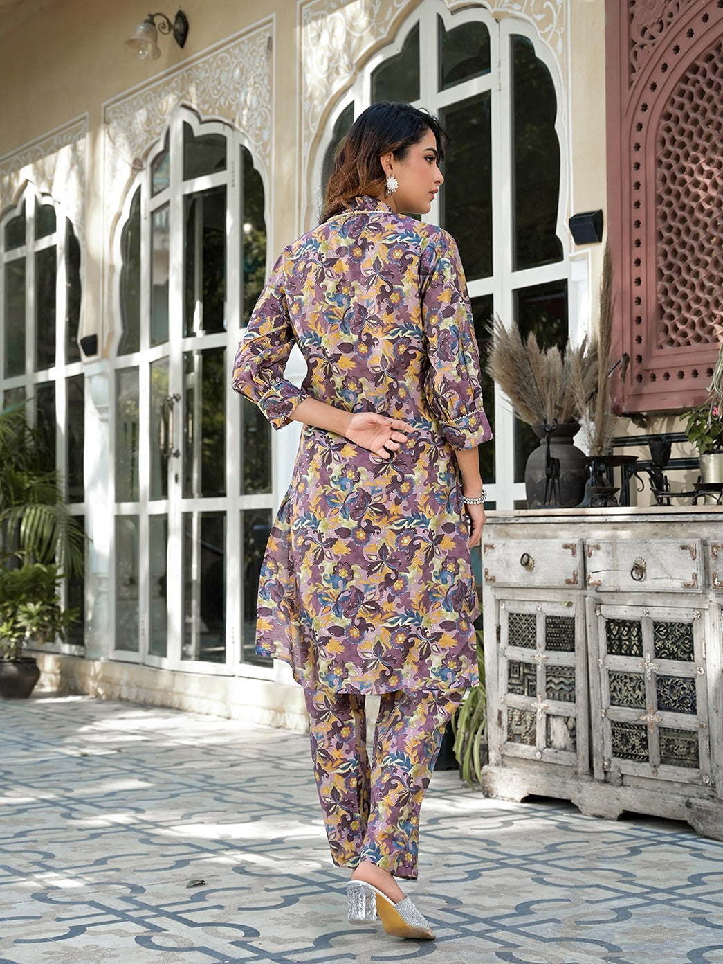 Yufta Purple Silk blend Floral Print Co-ord set - Swadesiicart