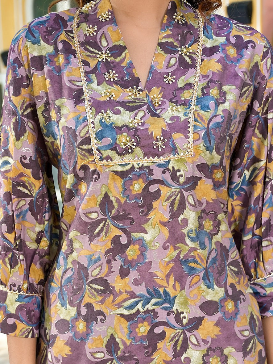 Yufta Purple Silk blend Floral Print Co-ord set - Swadesiicart