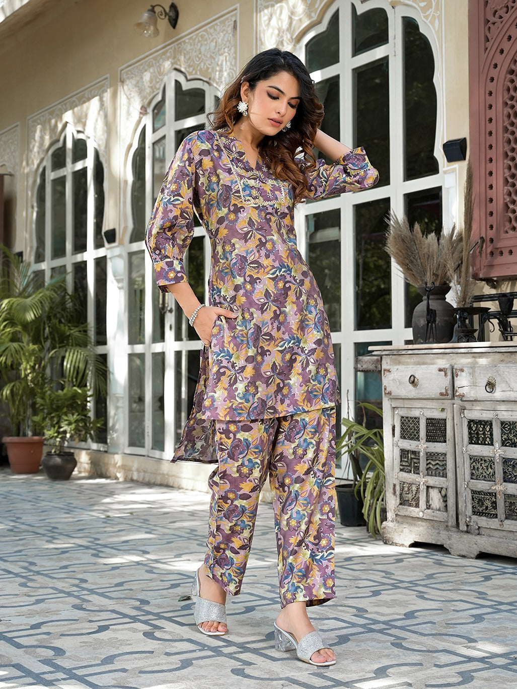 Yufta Purple Silk blend Floral Print Co-ord set - Swadesiicart