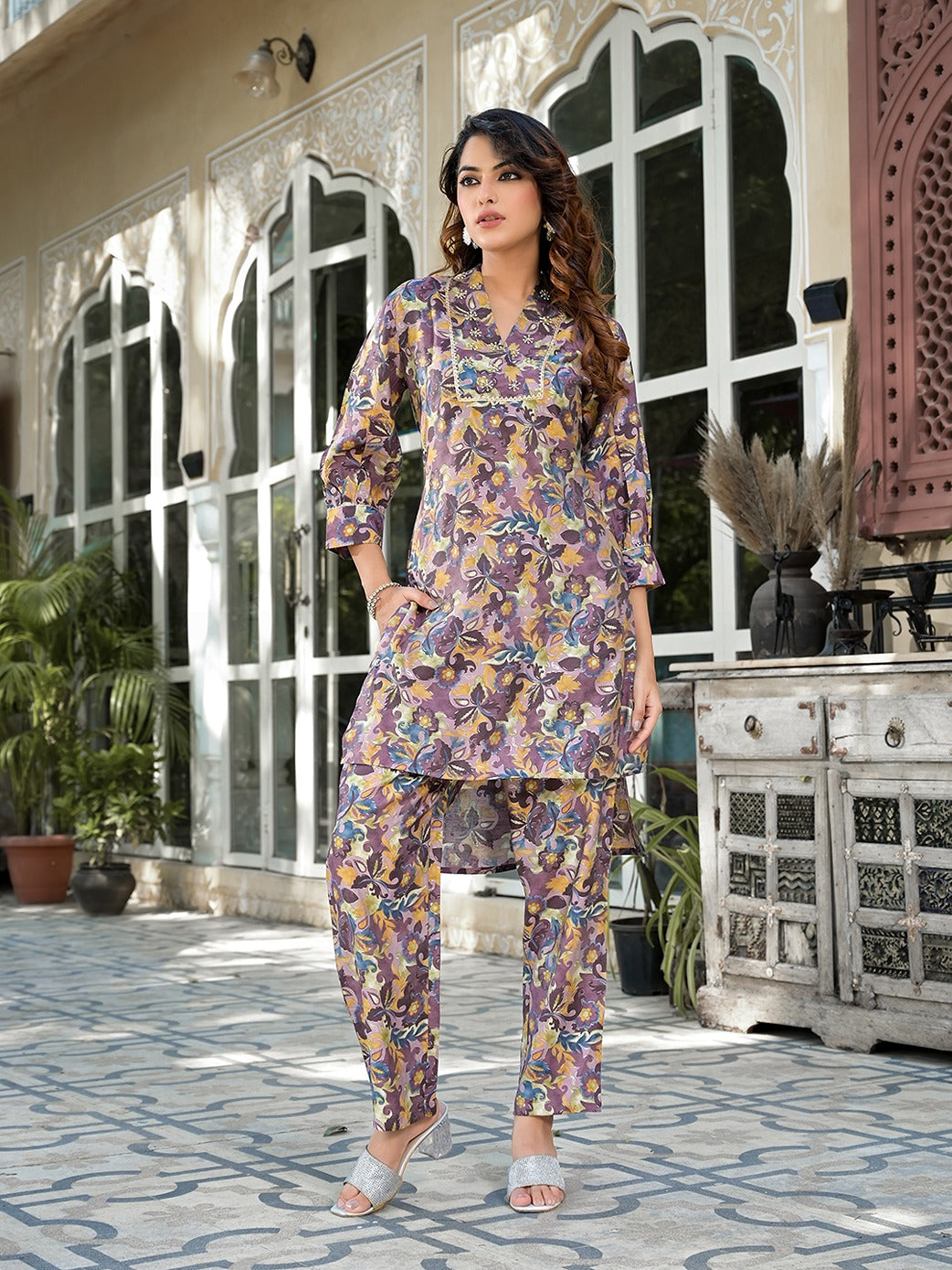 Yufta Purple Silk blend Floral Print Co-ord set - Swadesiicart
