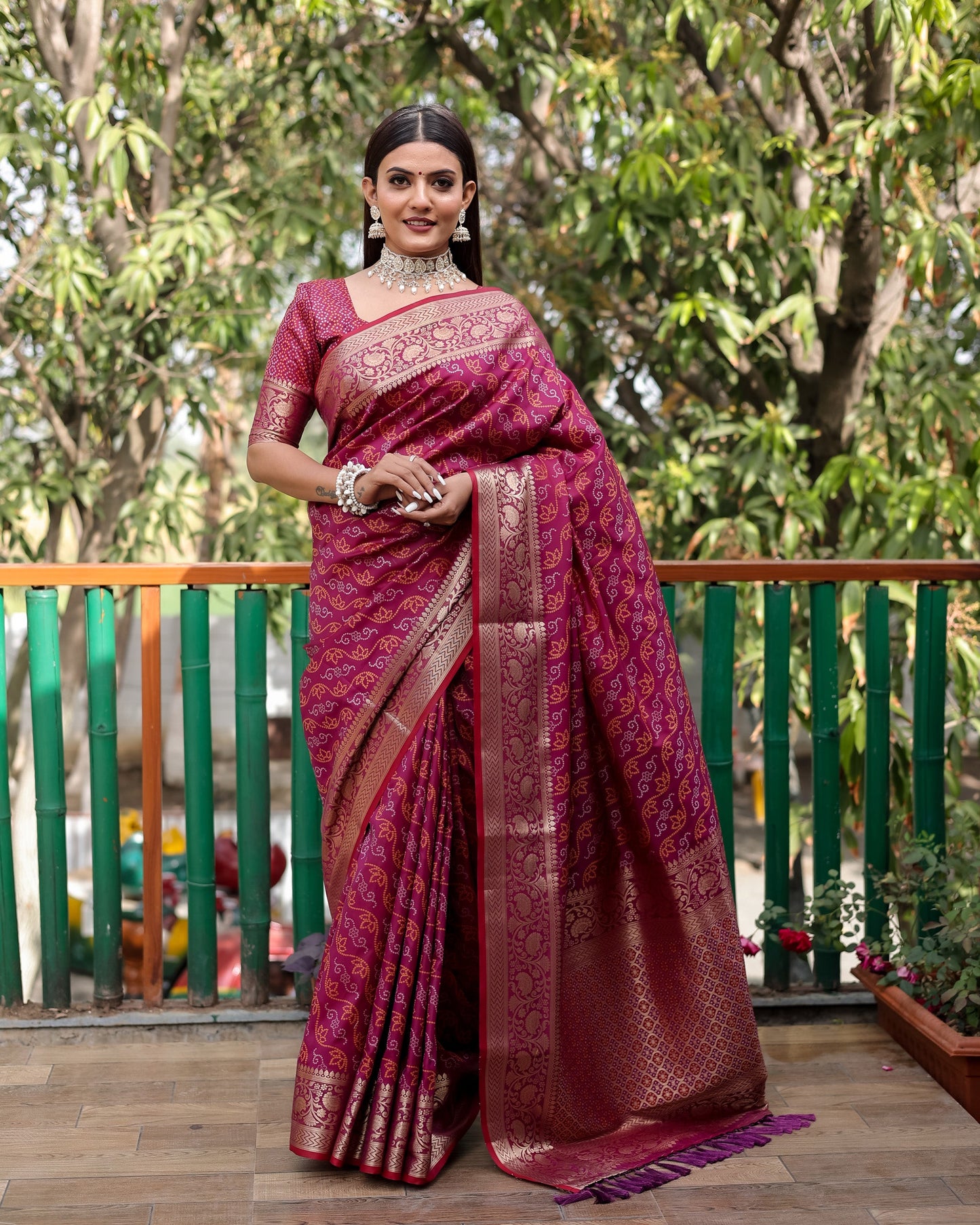Lorenvalley Premium Bandhej Patola Silk Sarees with kanchi Borders and Contrast Zari Weaving borders Saree - Purple - Swadesiicart