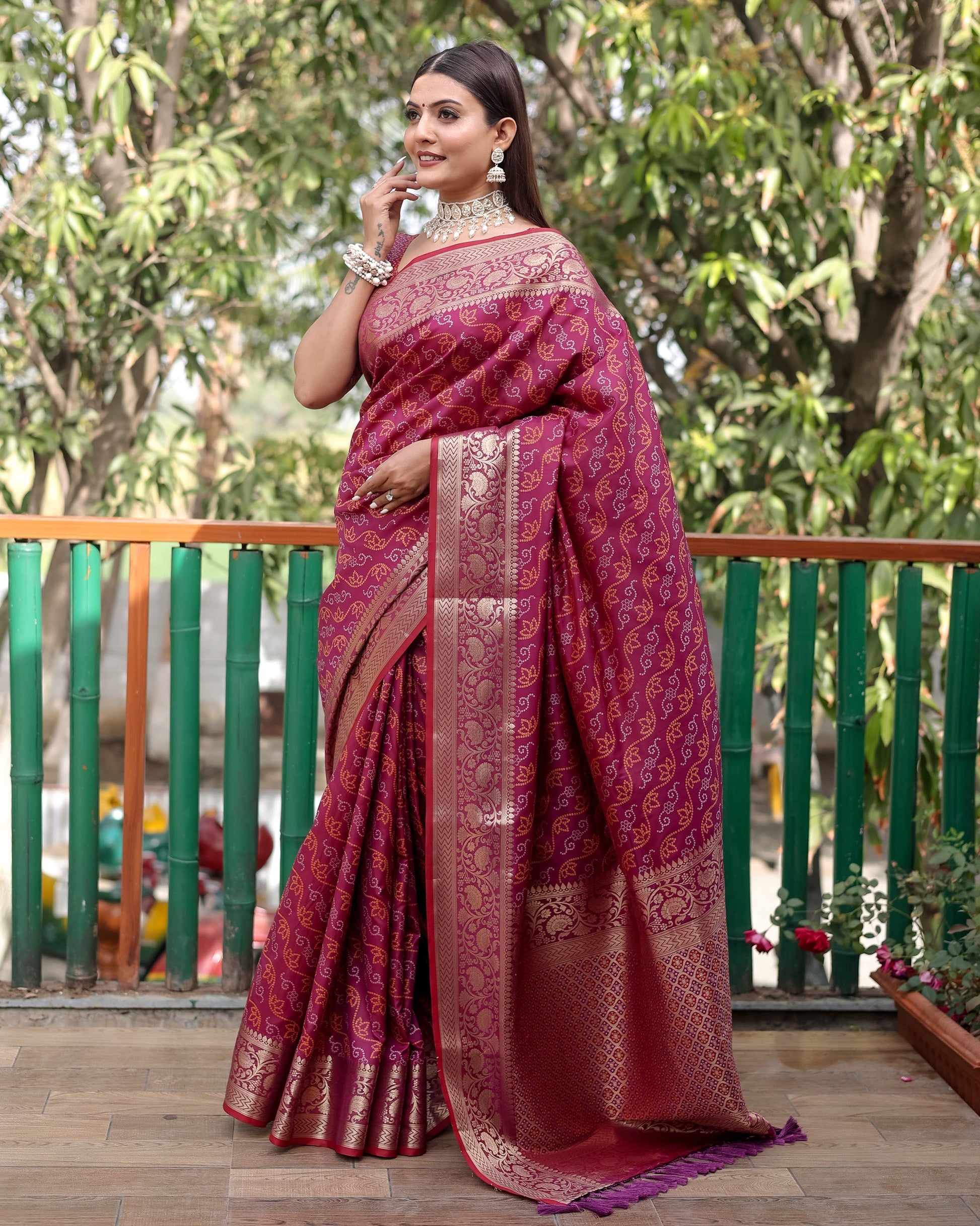 Lorenvalley Premium Bandhej Patola Silk Sarees with kanchi Borders and Contrast Zari Weaving borders Saree - Purple - Swadesiicart