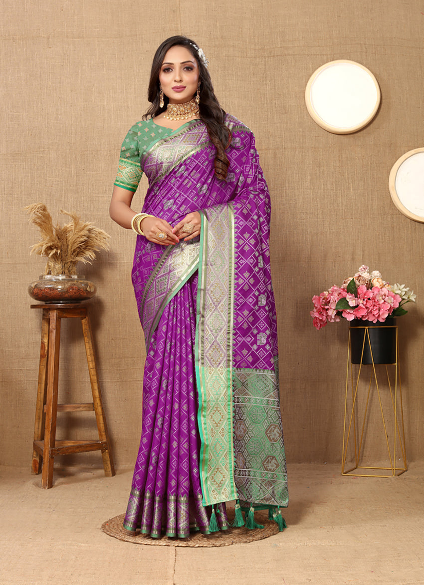 Lorenvalley Fashion Purple Patola Silk Woven Design with Zari Meenakari Weaving motifs Pallu Saree - Swadesiicart