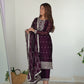 Lorenvalley Wine Rangoli Silk Embroidery Sequence And Thread Work Kurta Trousers with Dupatta Set | Swadesiicart