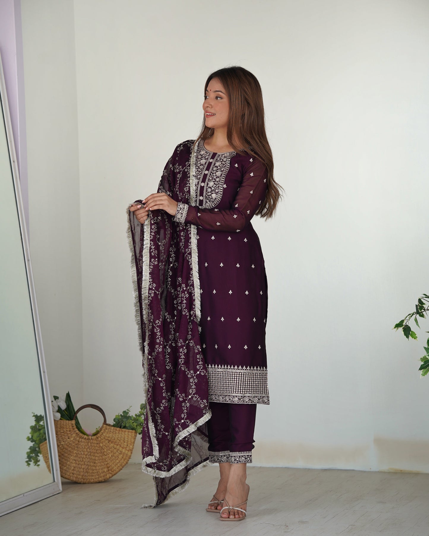 Lorenvalley Wine Rangoli Silk Embroidery Sequence And Thread Work Kurta Trousers with Dupatta Set | Swadesiicart