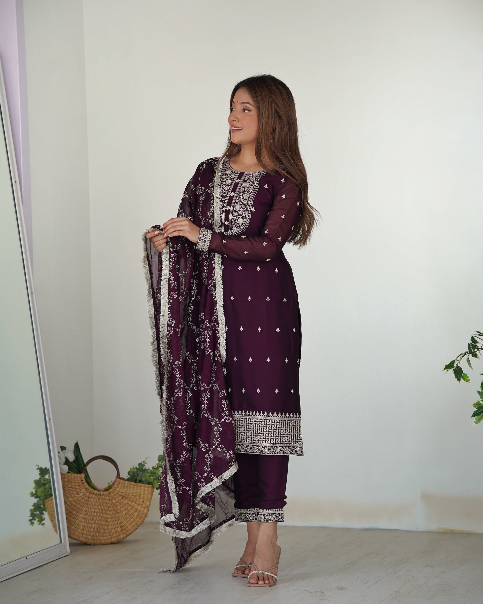 Lorenvalley Wine Rangoli Silk Embroidery Sequence And Thread Work Kurta Trousers with Dupatta Set | Swadesiicart