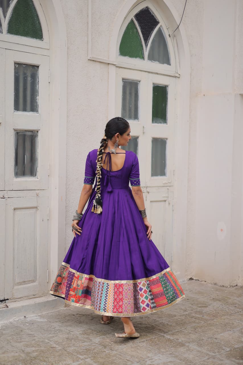 Lorenvalley Fashion Purple Roman Silk with Thread with mirror work & Maslin Crochet Print Work Gown | Swadesiicart