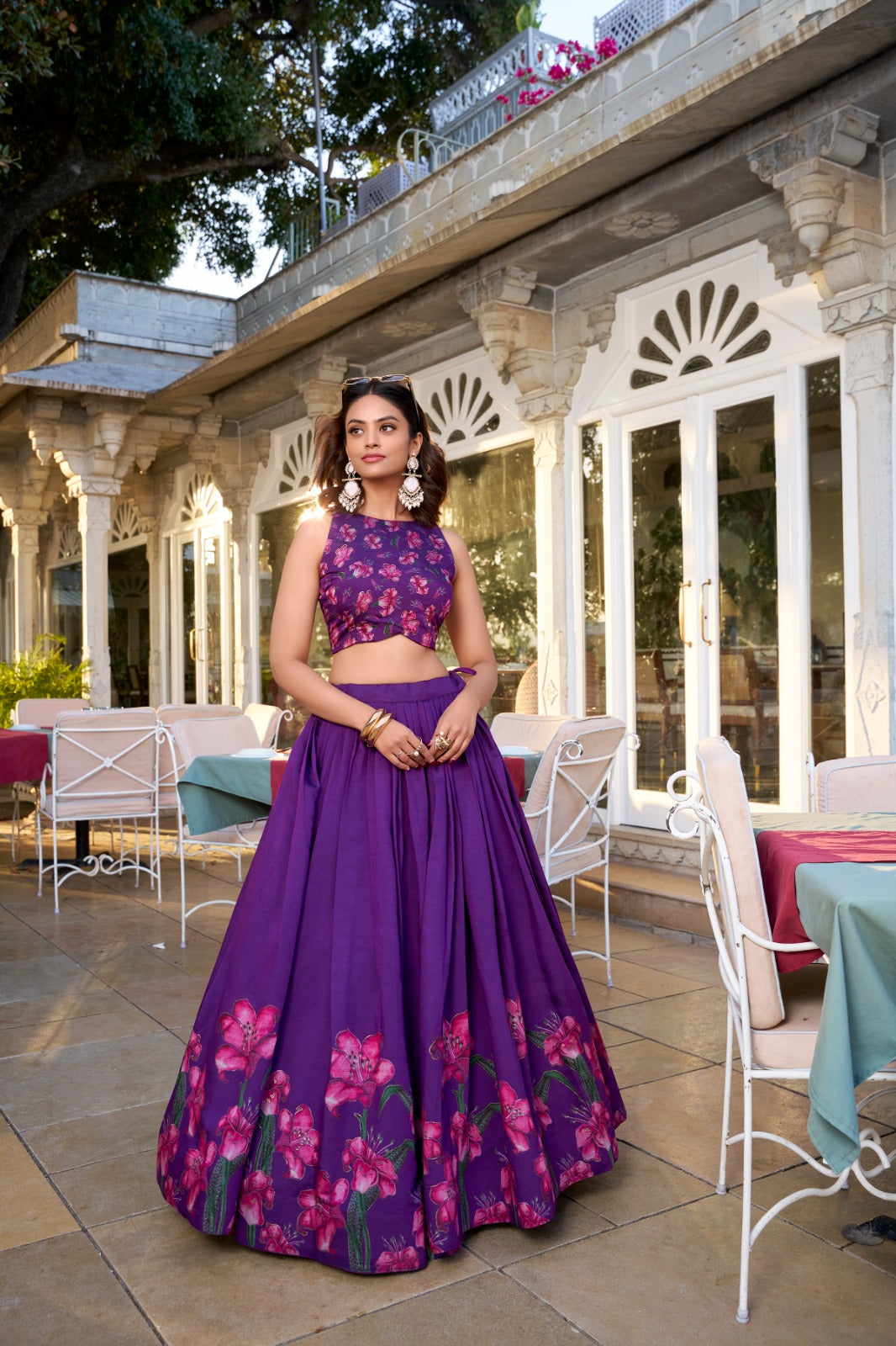 Lorenvalley Purple Tussar Silk Floral Print With Foil Work Lehenga Choli with Dupatta | Swadesiicart