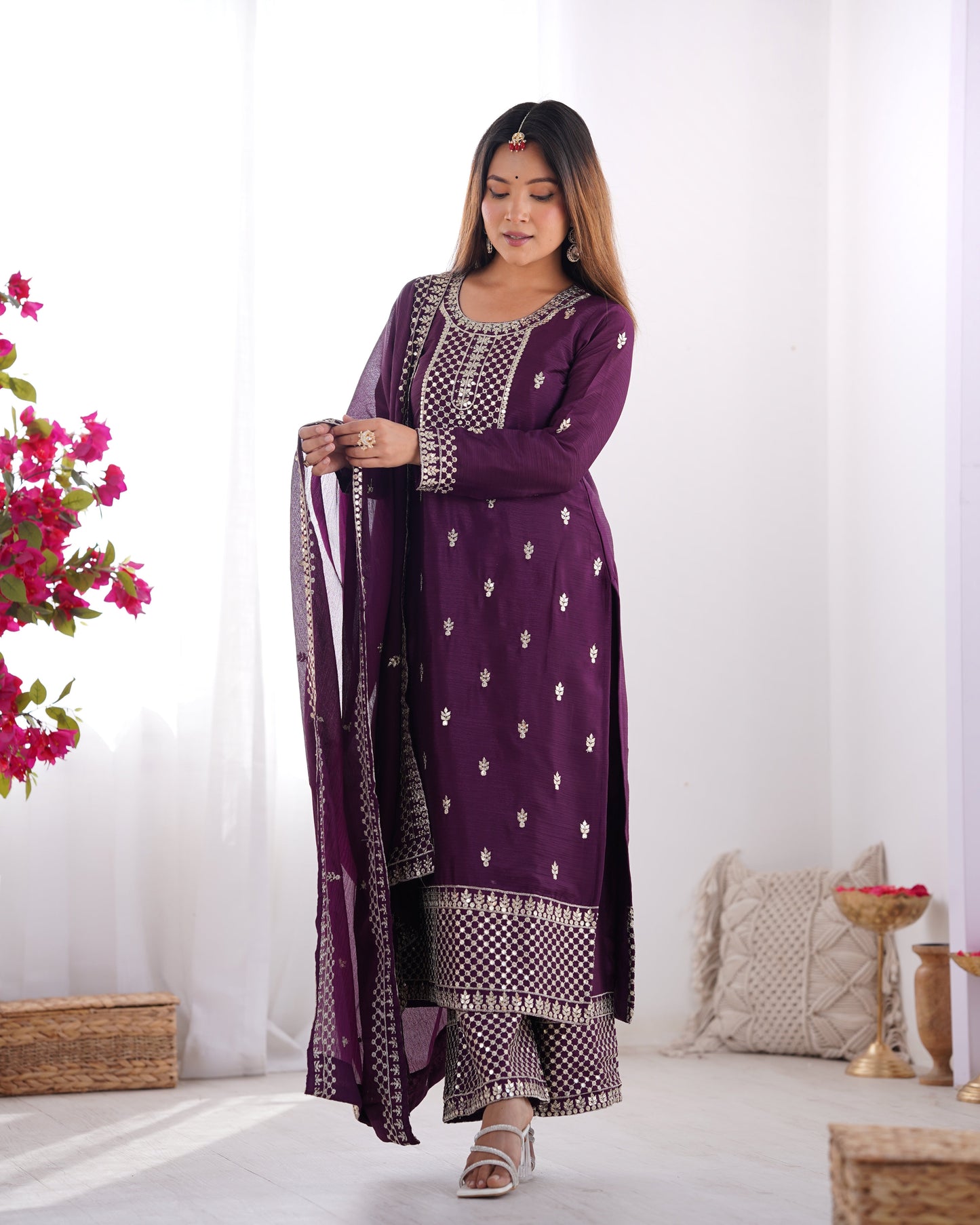 Lorenvalley Purple Chinon Silk Embroidery Sequence and Jari Work Kurta Trousers with Dupatta Set | Swadesiicart