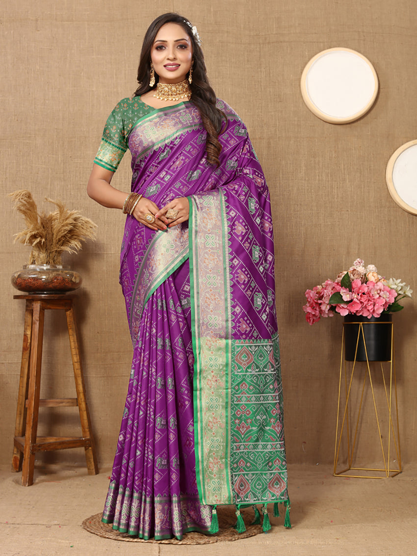 Lorenvalley Fashion Purple Patola Silk Woven Design with Zari Meenakari Weaving motifs Pallu Saree - Swadesiicart